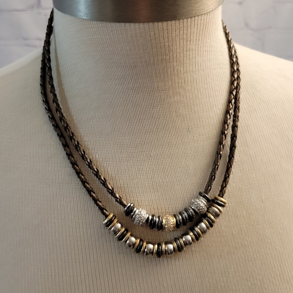 Braided Faux Leather Beaded Layered Necklace